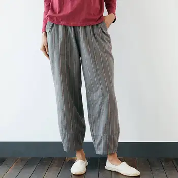 

Women Casual Elastic Waist Trousers 2020 Vintage Striped Pants Pockets Female Cotton Pantalon Harem Palazzo Streetwear Plus Size