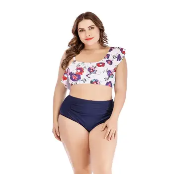 

2020 New Plus Size Split Swimsuit Women Flower Printed Bathing Suits Swimwear Summer Beach Wear Plus Size XL-4XL