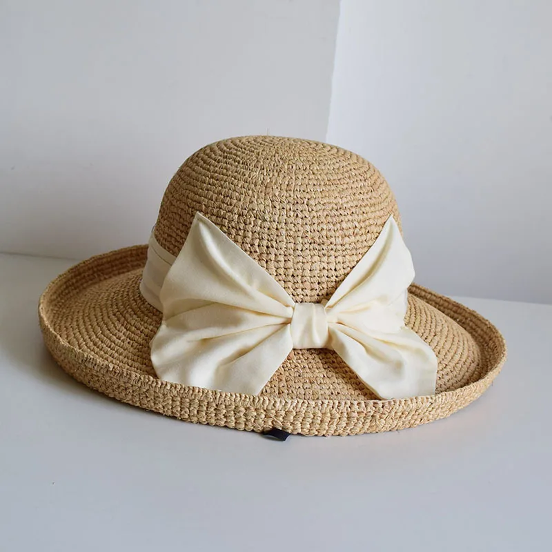 Women Sun Hat Ultra Fold Up Brim Raffia Straw Hat With Elegent Bow