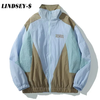 

LINDSEY SEADER Men Hip Hop Windbreaker Jacket Retro Color Block Patchwork Harajuku Streetwear Jacket Coats Zipper Track Jackets