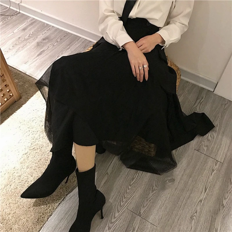 RICININA, Черная Женская юбка, осень, асимметричная, Корейская, шикарная, сетчатая, Женская юбка, макси, высокая талия, эластичная, повседневная, Jupe Femme Longue