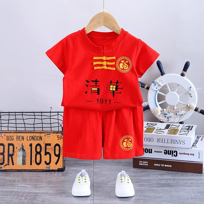 Chinoiserie Children Short Sleeved Suit Fu Character Dragon Printing Traditional Baby Clothes Chinese Red Tang Suit Yellow