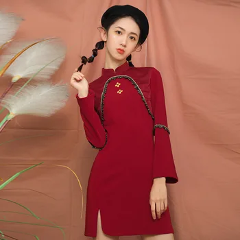 

2020 chinese dress long sleeve cheongsam dresses vintage qi pao women formal long dress print flower qipao