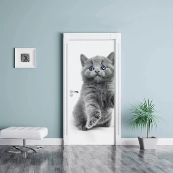 

3D Sticker Color Bricks Pulling Door Home Lovely Little Cat Decor Paste Self Adhesive Waterproof Wallpaper Print Art Picture