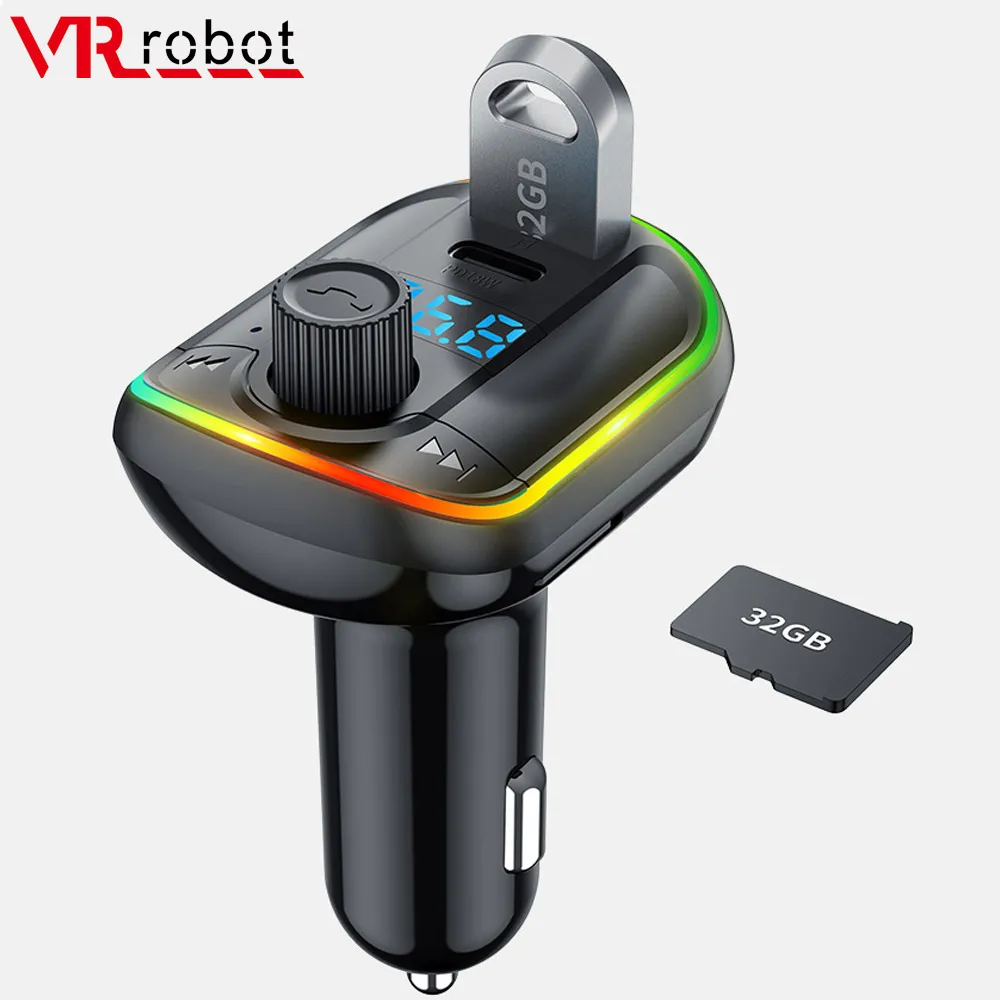 RGB Ambient Light Bluetooth 5.0 Wireless Car MP3 Player Handsfree Car Kit with Dual 3.1A USB Type C Charger VR robot FM Transmitter Adapter for Car 