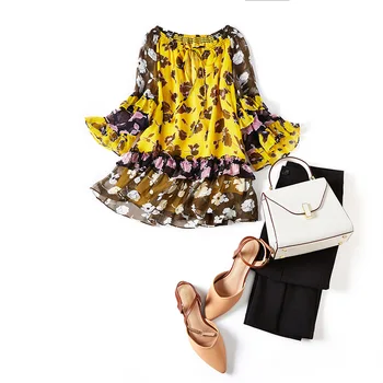 

European and American women's wear 2020 summer new style Seven-point sleeve one-line collar flower print Fashion silk shirt