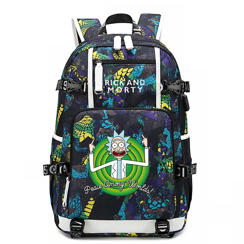 Аниме Рик и Морти рюкзак USB порт сумка Змеиный узор подростка школьные сумки книга для путешествий сумка для ноутбука - Цвет: Style 2