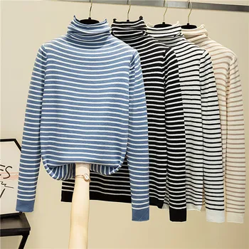 

Women's Turtleneck Stripe Knitted Sweater 2020 Autumn Winter Long Sleeve Slim Pullover Tops All-Match Pull Femme