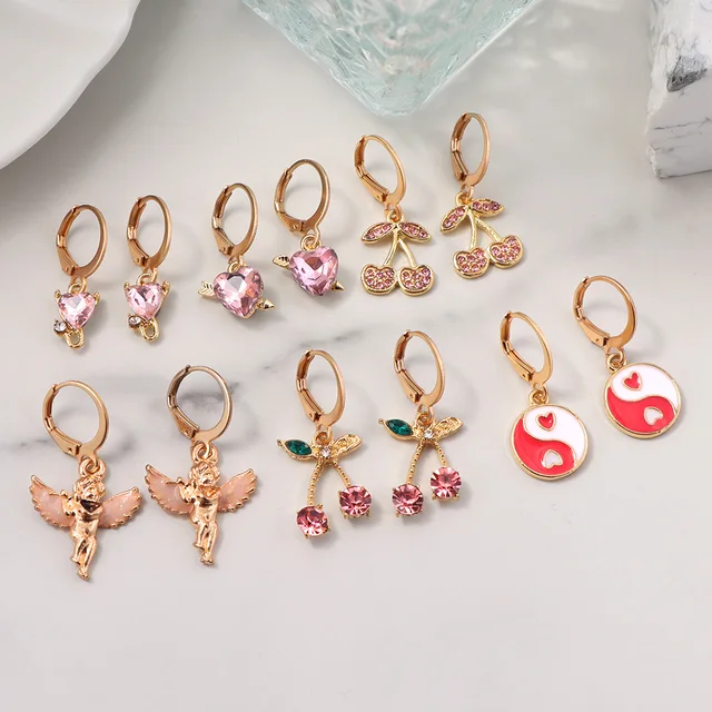 Flatfoosie 5Pair Pink Blue Heart Butterfly Drop Earrings Set For Women Boho Cute Star Moon Eye Dangle Earring 2022 Trend Jewelry 154601PK