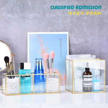 

Northern Europe INS Cosmetic Storage Box Gold Glass Jewelry Tray Dresser Lattice-Shaped Compartmental Desktop Organizing