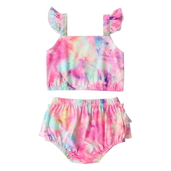 

Summer Newborn Girls Ruffles Sleeve Tie Dye Crop Tops Shorts Casual Swimmwear Outfits Clothes Set