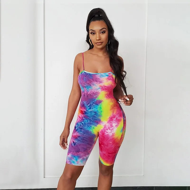 

Romper Playsuit Overalls Women Backless Body Sexy Bodycon Tie Dye Female Summer Spaghetti Strap Sexy Clothing Shorts Playsuit