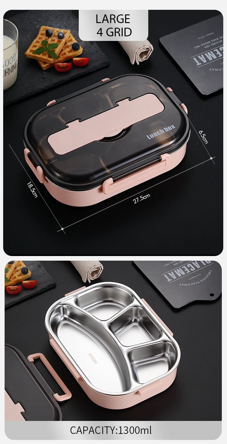 VandHome Japanese Bento Box With Compartments 304 Stainless Steel Lunch Box For Kids Microwave Food Container With Tableware Set