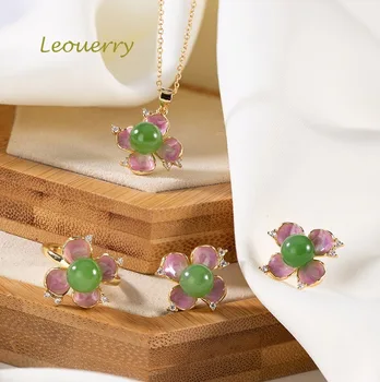 

Leouerry S925 Silver Hetian Round Bead Jasper Jewelry Set Exquisite Flower Earring Open Ring Necklaces for Women Luxury Jewelry