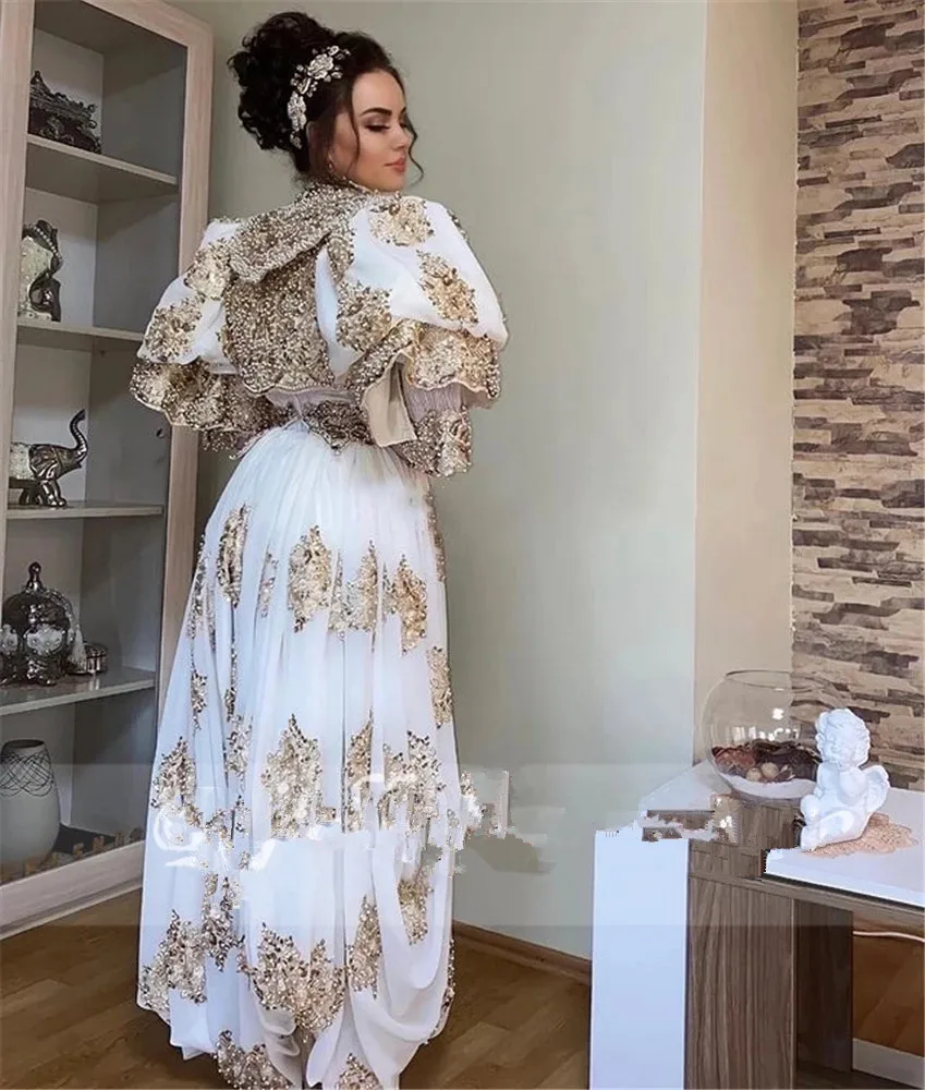 Algeria Caftan Marocain de soirée Bridal Gowns gold lace long sleeve customsized Traditional Kosovo vestidos Evening Dresses 3