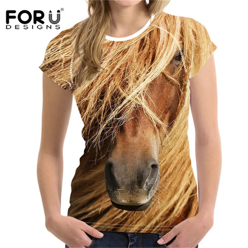 FORUDESIGNS/футболка с 3D принтом Crazy Horse, Женская эластичная мягкая футболка, Harajuku, женские футболки, мягкие топы с животным принтом для бодибилдинга - Цвет: 5539BV