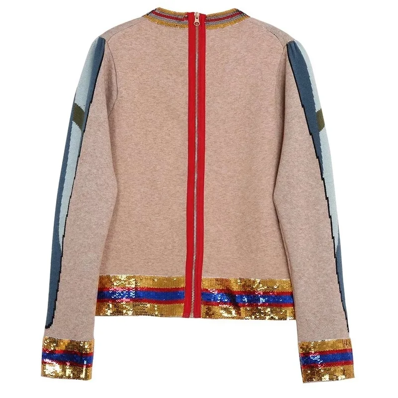 Осень-зима, вязанные свитера с вышивкой и блестками, модный жаккардовый пуловер с длинным рукавом и круглым вырезом, женский джемпер