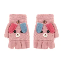 От 3 до 12 лет, детские зимние перчатки, детские перчатки С Откидывающейся Крышкой на пол пальца, теплые варежки с милым кроликом из мультфильма, вязаные перчатки для мальчиков и девочек