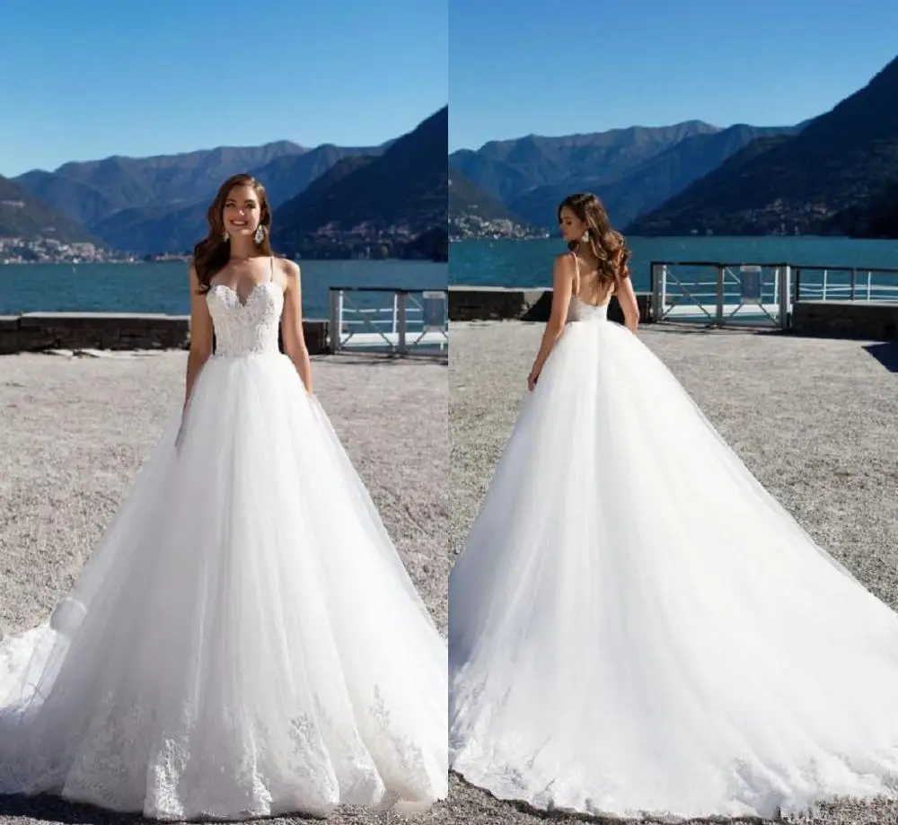 

vestido novia civil Sexy Spaghetti Strap Backless Wedding Dress A Line Bride Wedding Dress White Lace Tulle Bridal Wedding Gowns