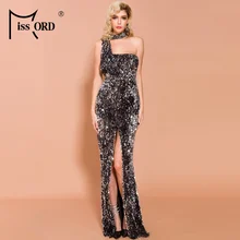 Missord, зимнее платье с блестками, с неровным вырезом, облегающее женское платье для вечеринки, с высоким разрезом, на одно плечо, без рукавов, макси платье, FT19685-1