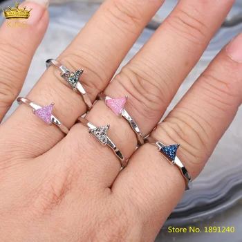 

5pcs 11 Color Choice,Natural Druzy Drusy Agates Triangle Beads Silvery Adjustable Ring For Women Fashion Rings Jewelry HS-66KBAB