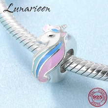 925 пробы Серебряный счастливый Единорог разноцветные эмалированные пробки Бусины Подходят Pandora Шарм браслет ювелирные изделия