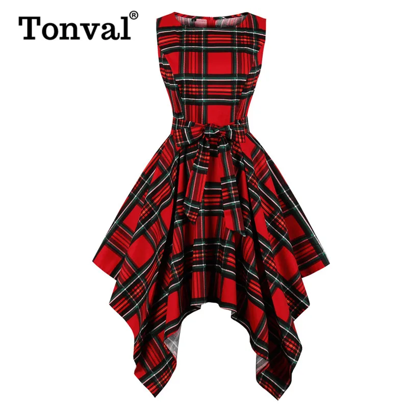 Tonval Vintage Tartan Red Plaid Elegant Party Asymmetrical Long Dress Women Sleeveless Summer Belted High Waist Midi Dresses