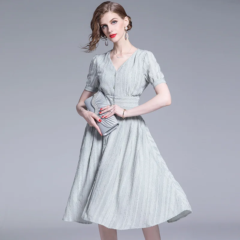 

Ozhouzhan 2019 New Style Summer Wear French Romantic Texture Stripes V-neck High-waisted Short-sleeve Dress