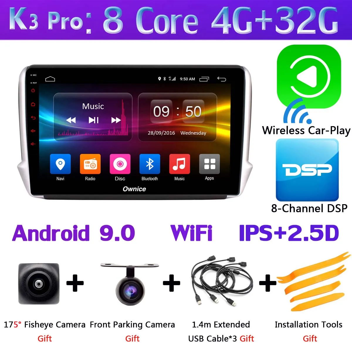 1din 360 ° панорамная камера 4G LTE Android 9,0 4G+ 64G DSP CarPlay Автомобильный мультимедийный плеер для peugeot 2008 208- gps радио - Цвет: K3 Pro CarPlay