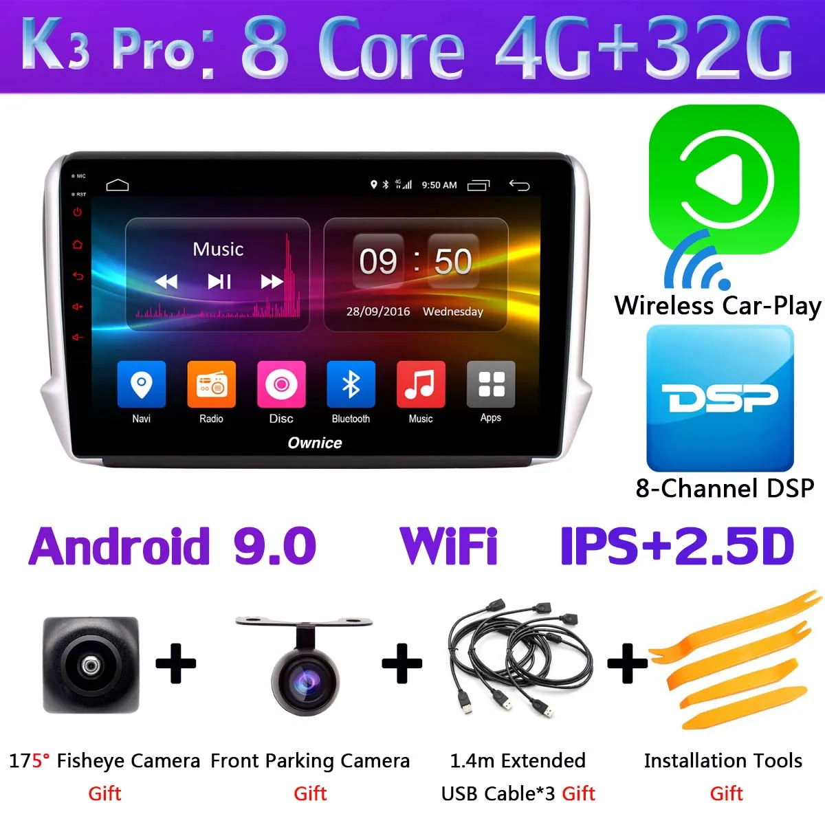 K3 Pro CarPlay 1din 360 ° панорамная камера 4G LTE Android 9,0 4G+ 64G DSP CarPlay Автомобильный мультимедийный плеер для peugeot 2008 208- gps радио - Цвет: K3 Pro CarPlay