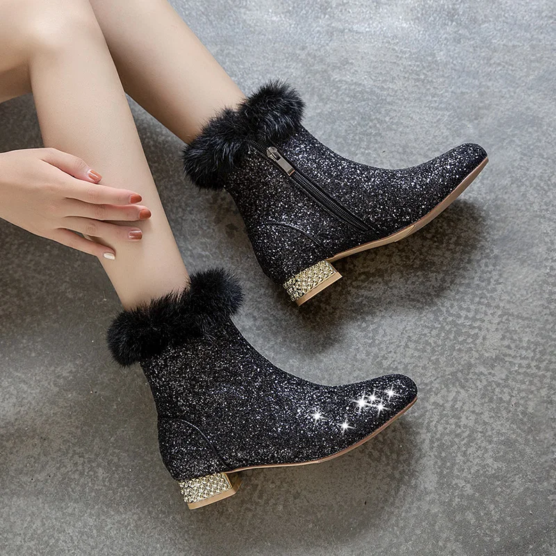 Ceny ENMAYER kwadratowy obcas solidne Bling cekinami tkaniny botki dla kobiet platformy z okrągłym czubkiem buty wybiegu klub nocny buty srebrne