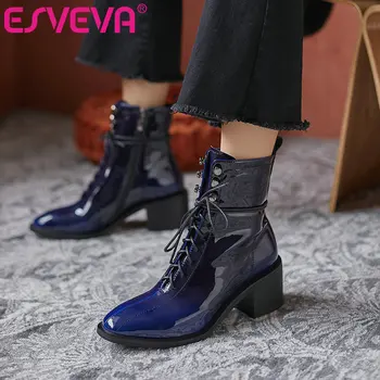 

ESVEVA 2021 Classic Cow Leather+PU Ankle Boots Autumn Winter Zipper Ladies Fashion Square Med Heel Women Shoes Size 34-42