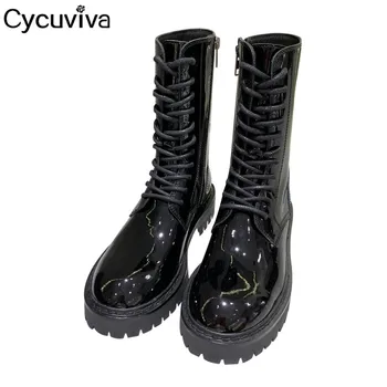 

Black Patent Leather Ankle Boots For Women Platform Chelsea Boots Thick Sole Casual Ladies Shoes Runway Flat Knight Boots Women