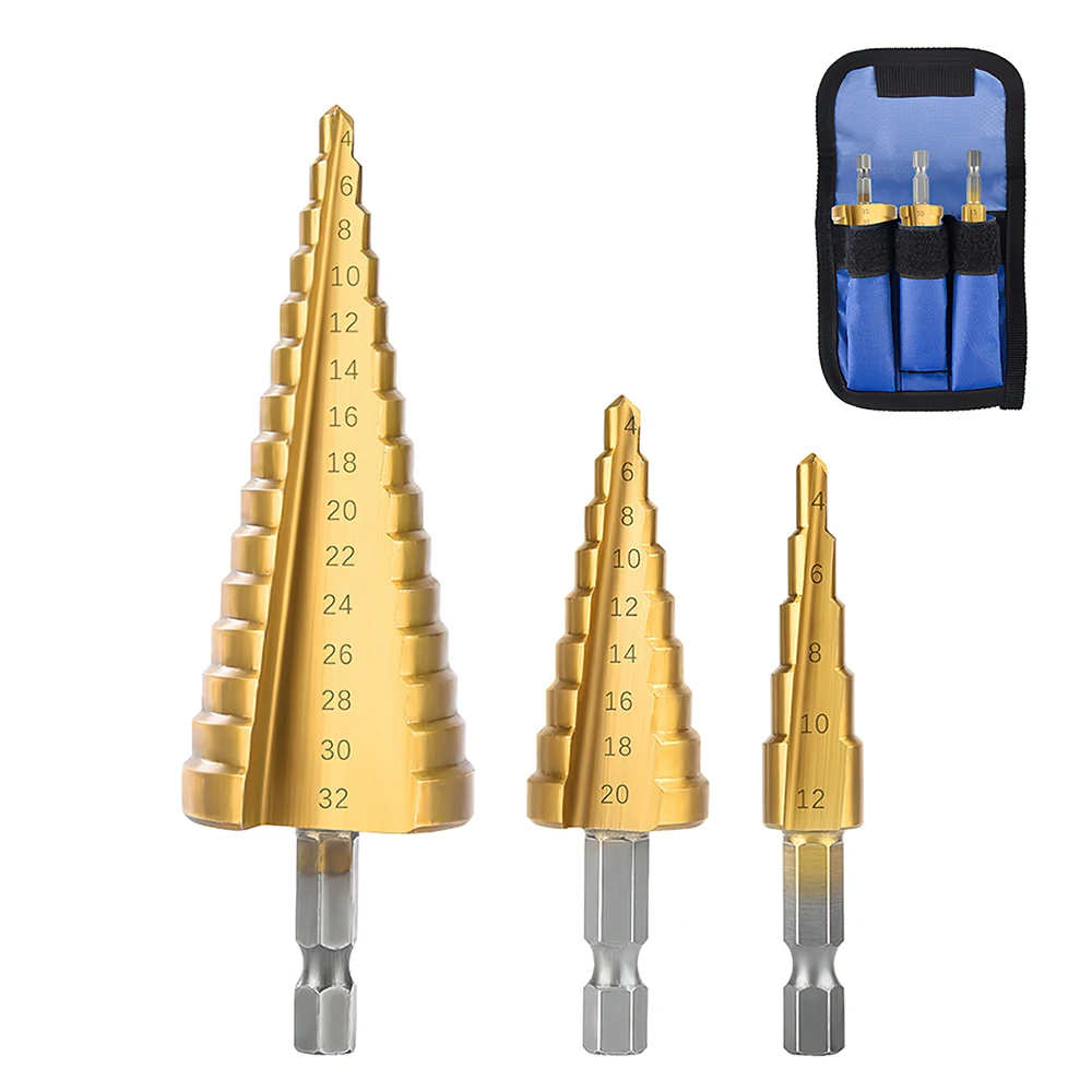 

WAKYME 3PCS Hss Step Drill Bit Set Cone Hole Cutter Taper Metric 4 -12/20/32mm 1/4 " Titanium Coated Metal Hex Core Drill Bits