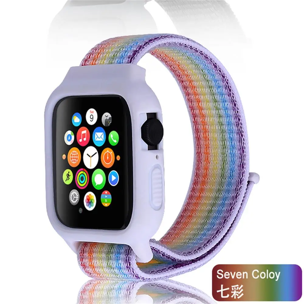 Seven colors Чехол+ ремешок для apple watch 5 ремешок 44 мм 40 мм iwatch ремешок 42 мм 38 мм pulseira correa apple watch 5 4 3 нейлоновый браслет+ силиконовый чехол - Цвет ремешка: Seven colors