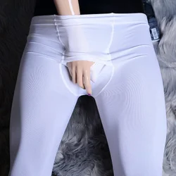 Men Horizontal Opening Pantyhose Sleep Bottom Legging Breathable Open Crotch Pajama Pants Need Not Undress Velvet Tight Trousers