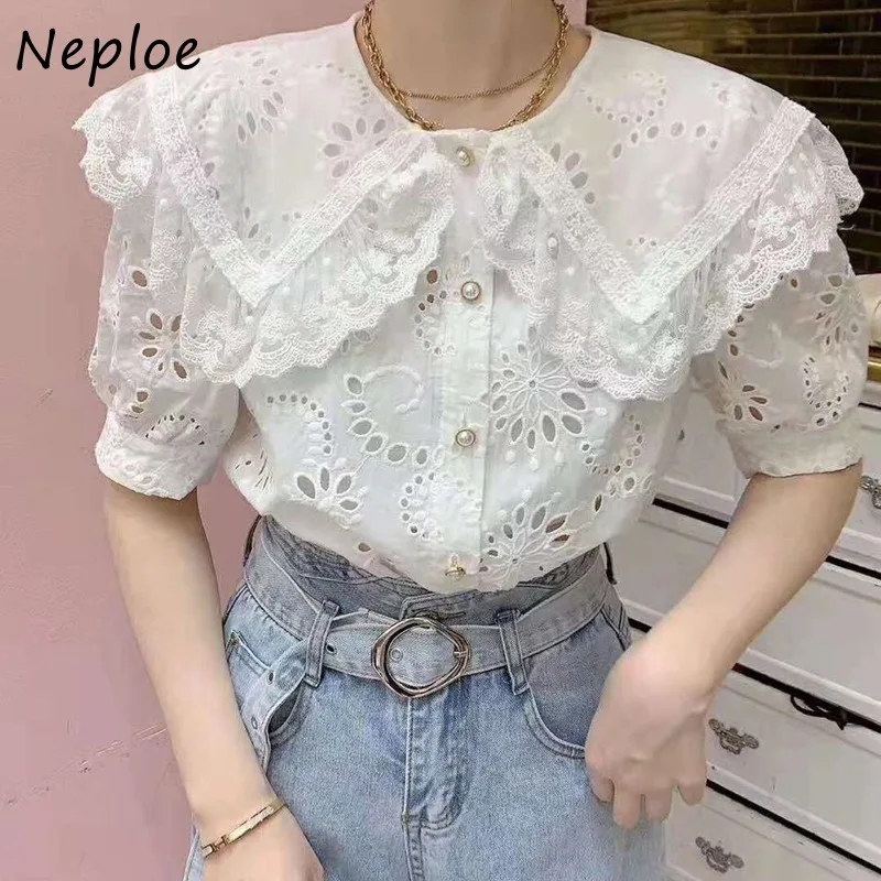 Женская кружевная блузка Neploe с вышивкой французским вырезом и воротником Питер