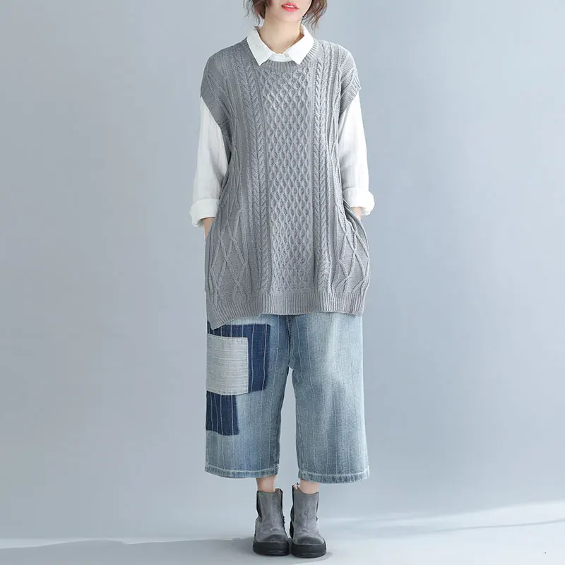 DIMANAF, осенний свитер размера плюс, Женский вязаный жилет без рукавов, пуловеры, хлопковые свободные женские топы, верхняя одежда большого размера