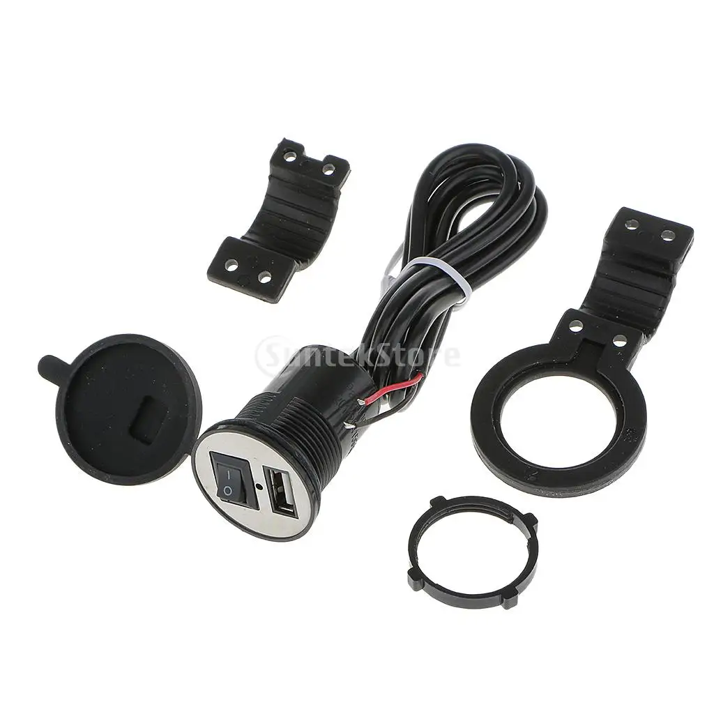USB Adapter with Power Switch, Motorcycle USB Charging Charger Kit Handlebar Mount for Cell Phone Tablet GPS (12V, Black)
