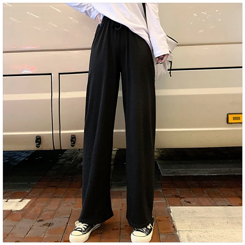 Pantalones mujer cintura alta повседневные стильные свободные штаны с завязками, однотонные штаны с широкими штанинами, женская одежда, весенне-осенняя женская одежда