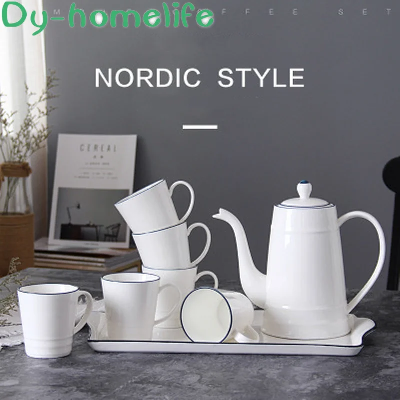 ^*Best Offers Nordic Blue Edge White with Tray Ceramic Coffee Tea Set Hotel Household Bone China Simple Coffee Pot Tea Set Cooler Coffee Set ^*Best Offers Nordic Blue Edge White with Tray Ceramic Coffee Tea Set Hotel Household Bone China Simple Coffee Pot Tea Set Cooler Coffee Set