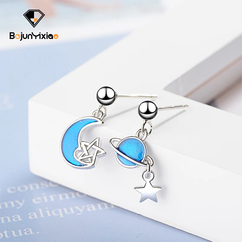 

Universe planet 925 silver ear nail Short Blue Earrings Fashion women's Earrings New Star Moon Earrings Jewelry accessories