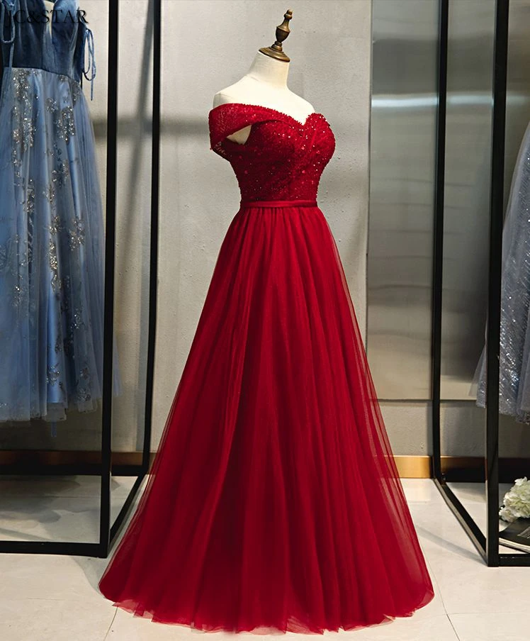 Vestido boda mujer invitada, новинка, тюль, кристалл, сексуальный v-образный вырез, плечо, а-силуэт, бордовое, элегантное платье для женщин, для свадебной вечеринки