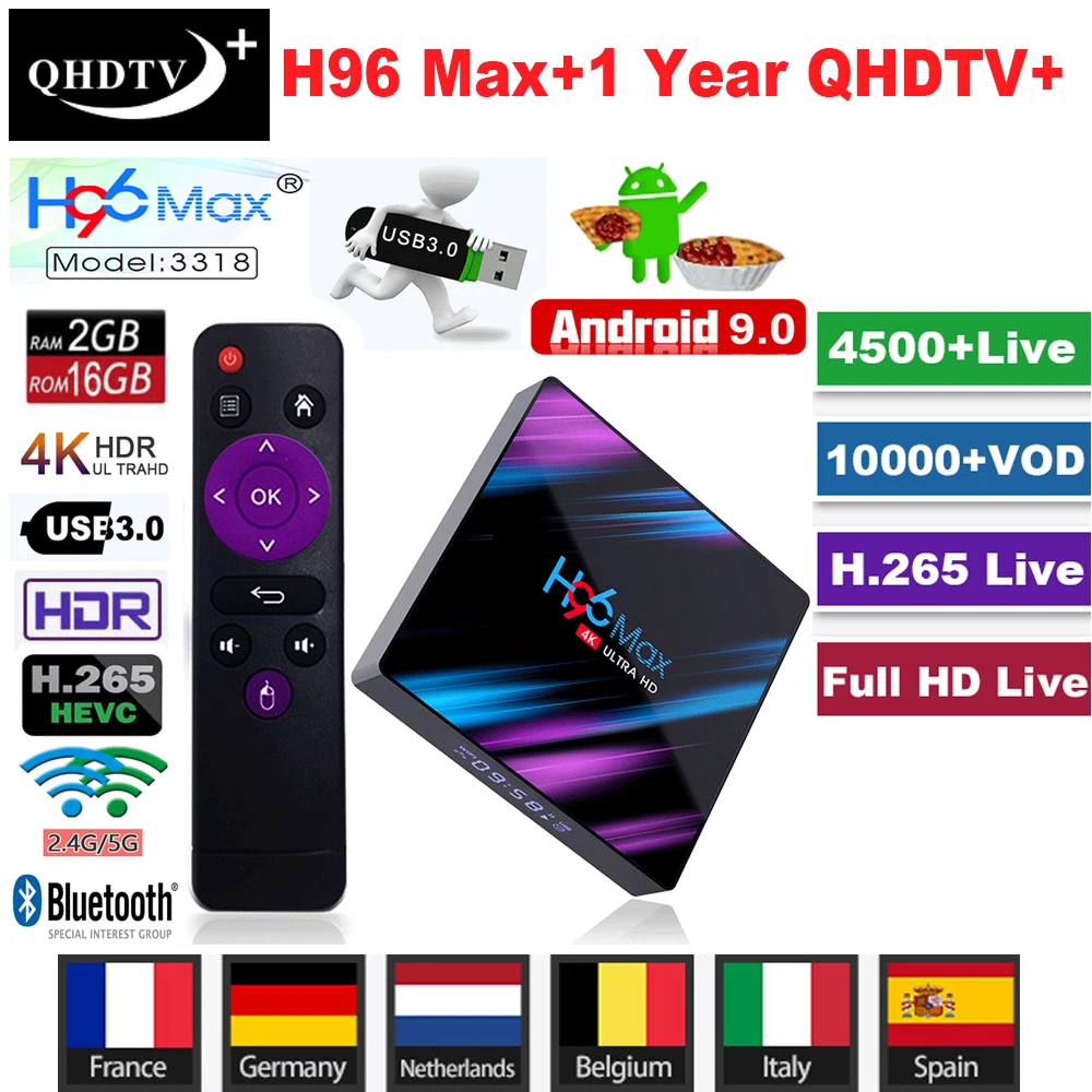 Android9.0 ТВ коробка H96 Max+ 1 год Франция QHD ТВ плюс код IPTV RK3318 4K HD USB3.0 H.265 Google Play домашний медиа плеер телеприставка