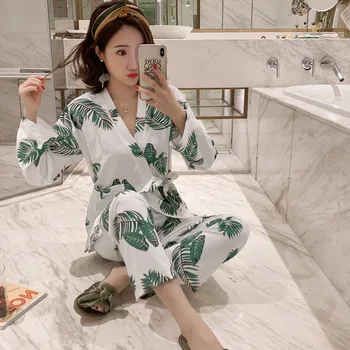 

2020 Spring and Autumn New Long-sleeved Kimono Women's Pajamas Cardigan Women's Home Service Suit (send Blindfold)