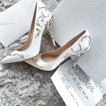

Women Sexy Mental Heels Pumps Wedding Shoes Bridal Fashion Sliver leaves Decor stiletto Sandals Runway Party Dress Shoes Woman