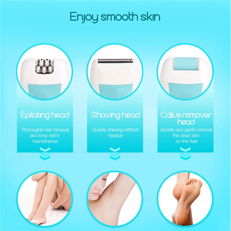 ABRA-3 в 1 перезаряжаемый женский эпилятор, электрический триммер для удаления волос, бритва для удаления мозолей и омертвевшей кожи