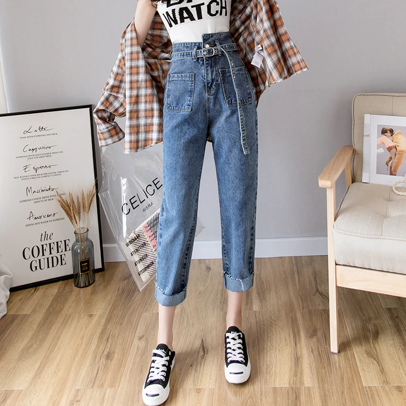 

Super high waist jeans female 2019 new Korean version of loose students straight pants edging nine points harem pants