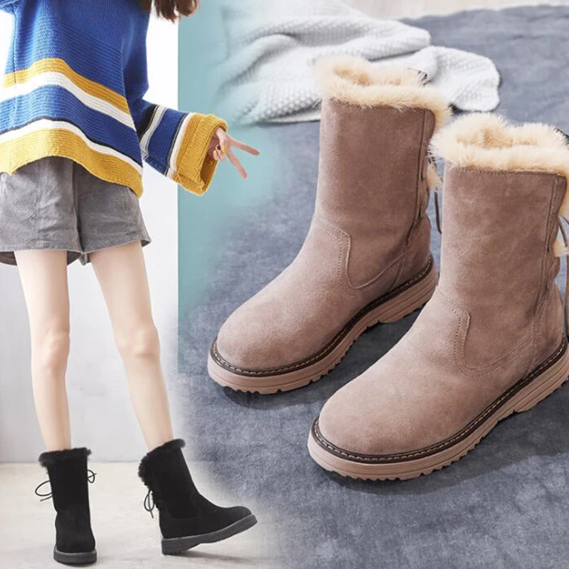 Winter Leather Warm Snow Shoes Women Boots mid-calf Plush Fur Velvet Boots Female shoes Booties Woman Footwear y190