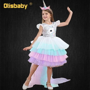 

Christmas Girls Rainbow Tiered Tulle Angel Princess Unicorn Tutu Dress Train Tail Fancy Kids Backless Sequin Party Horse Clothes